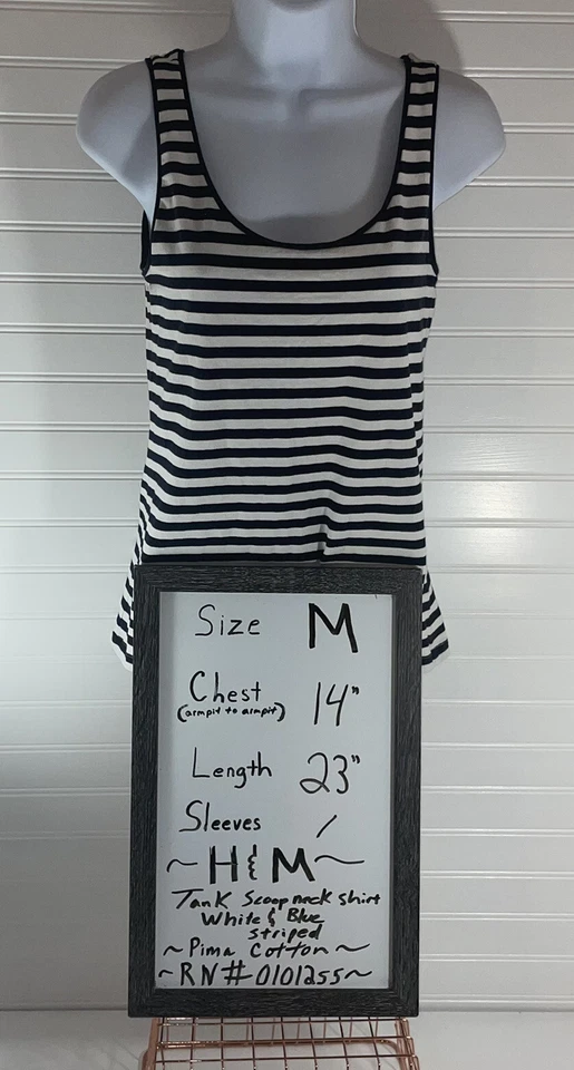 Camiseta sin mangas H&M para mujer azul blanco a rayas sin mangas cuello redondo mediana Foto 3 de 4
