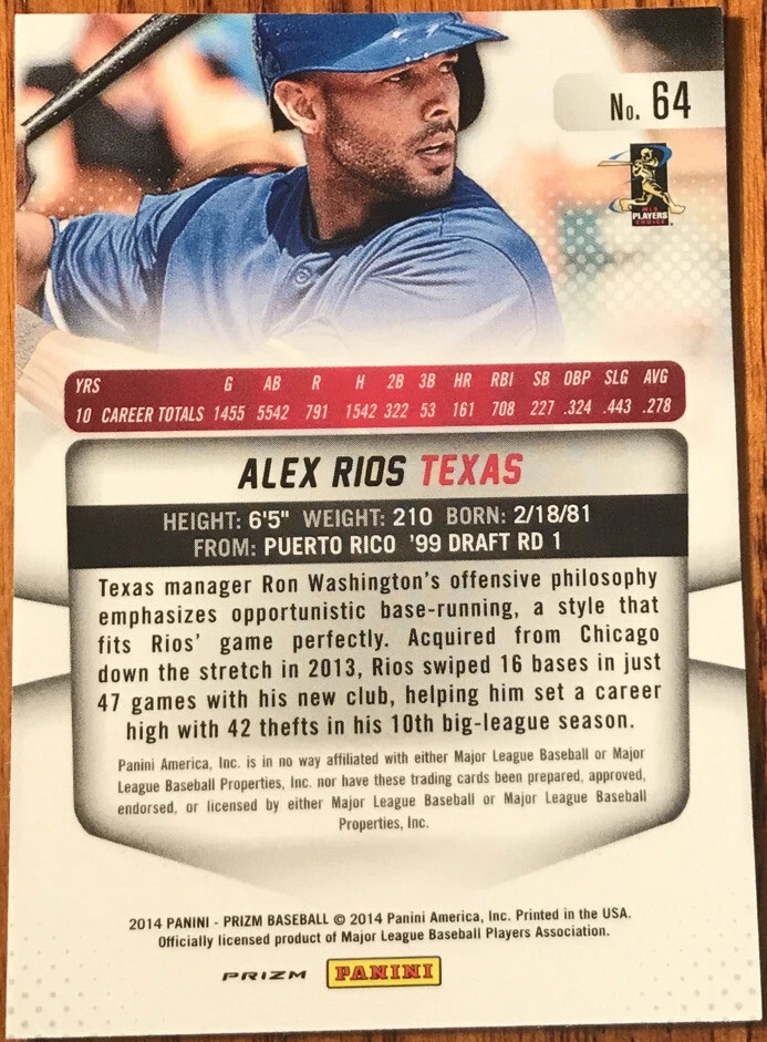 2014 Panini Prizm Prizms Red White & Blue Pulsar Alex Rios #64 Texas Rangers - Image 2 of 2