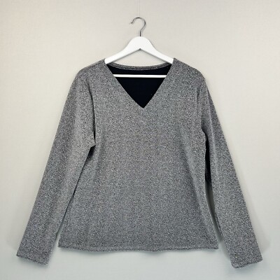 Glitzer Top Damen Medium Silber Langarm Stretch V-Ausschnitt Freizeit