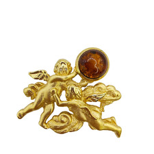 Vintage Louis Stern Cherub Brooch Pin Gold Tone Baltic Amber Cabochon Signed