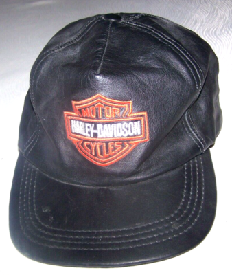 Harley-Davidson レザーキャップ ブラック USA製 ヴィンテージ VINTAGE Harley Davidson Hat Cap Mens Black Leather Motorcycle Moto