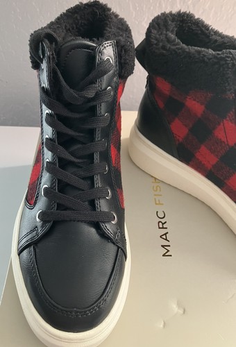 Marc Fisher FELLOW Women's Buffalo Black and Red Plaid Sherpa High Top Sneakers - Picture 2 of 9