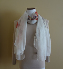 Vintage 100 silk Ivory Multi Color Floral Abstract Semi Sheer Oblong Shawl Wrap