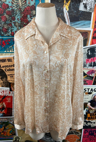 Vintage 70s Cream Gold Floral Paisley Print Graff Blouse Womens