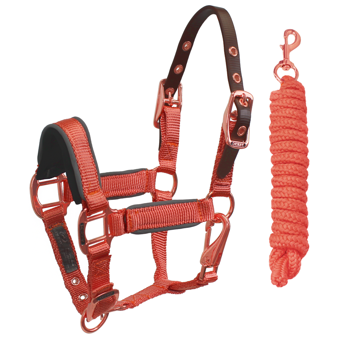 Derby Originals Rose Gold Reflective Safety Stable Horse Halter With Lead – Nylon, Multiple Sizes
