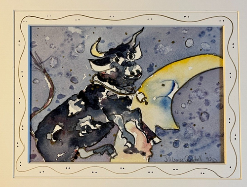 JILL LOUISE CAMPBELL ~ "COW JUMPED OVER THE MOON" ~ SIGNED WATERCOLOR & MAT ~ 92 - Picture 7 of 11