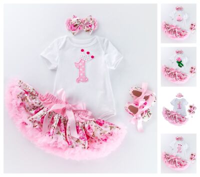 New Baby First Birthday Outfit Girls Pink Flower Tutu Skirt Party Kids Clothes