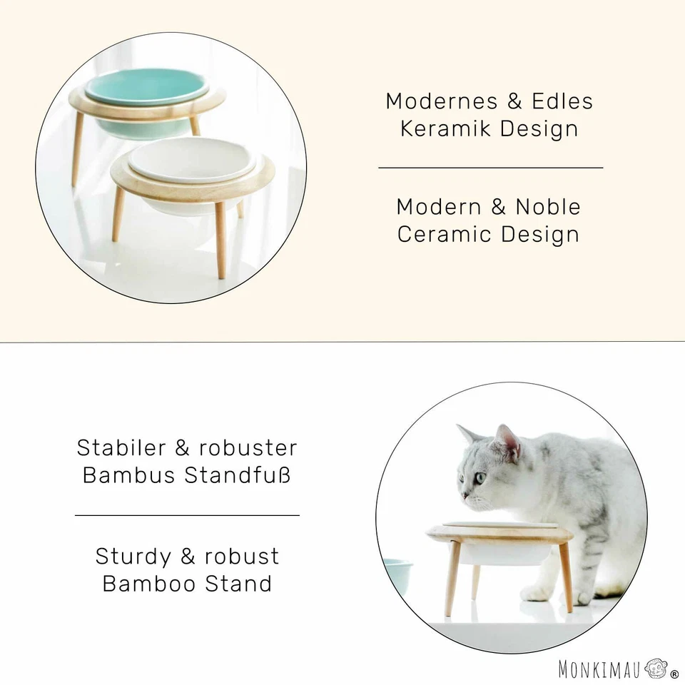 Hundenapf Katzennapf aus Keramik Holzständer Futternapf Fressnapf verstellbar - Bild 2 von 4