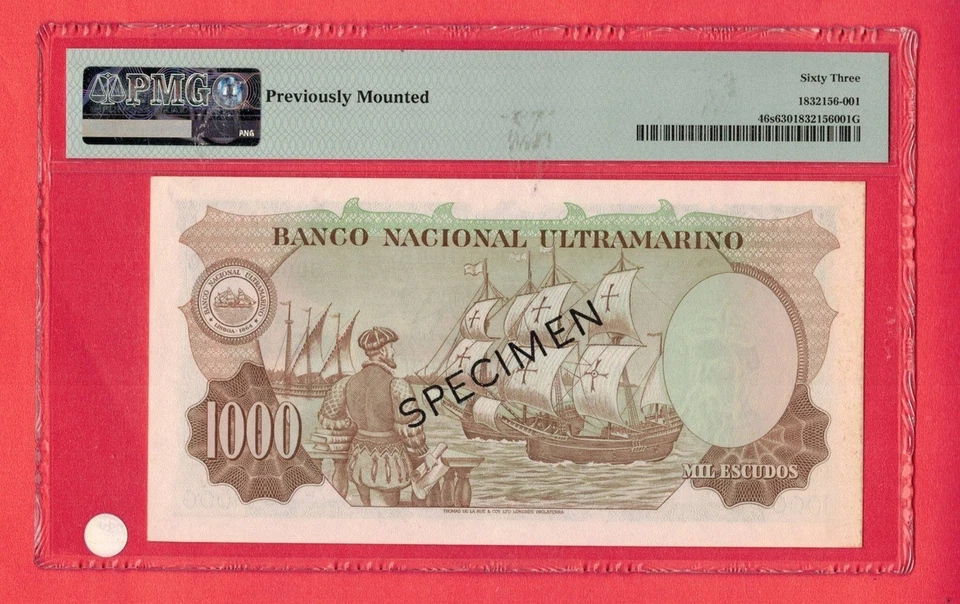 Portuguese India "SPECIMEN" 1959 1000 Escudos P# 46s PMG 63 Choice UNC Lt 203 - Image 2 of 2