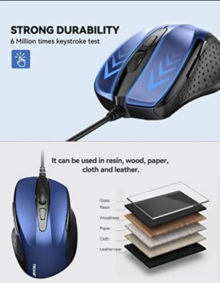 USB Wired Mouse 6-Button Corded Mouse with 2 Adjustable DPI Optical Blue UM013 - Image 3 of 4