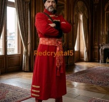 Men Red Cossack Kaftan Coat Polish Ottoman Costume Historical Uniform Long Tunic