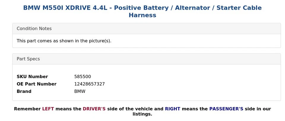 BMW M550I XDRIVE 4.4L - Batería positiva / Alternador / Arnés de cable de arranque Foto 3 de 4