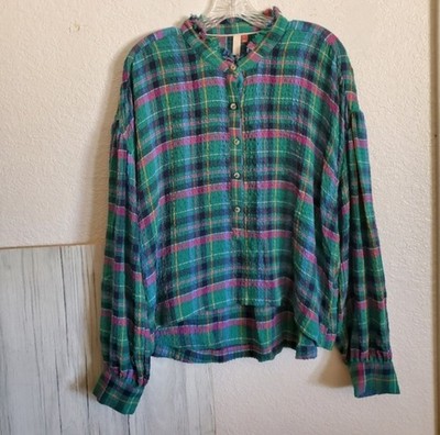 Pilcro Anthropologie Green Plaid Hi-Lo Loose Fitting Long Sleeve Pullover Sz L