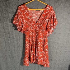Shein Dress Women’s Large Floral Red V-Neck Butterfly Ruffle Hem A-Line 