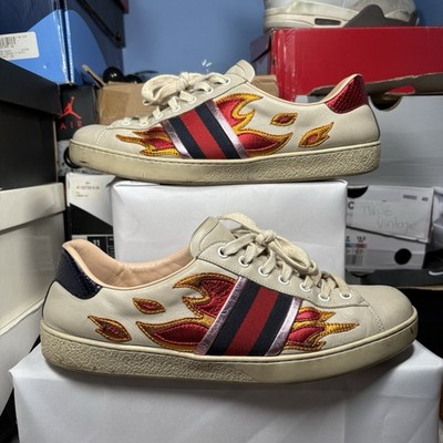 Size 9.5 G - Gucci Ace Flame Men s Sneaker white