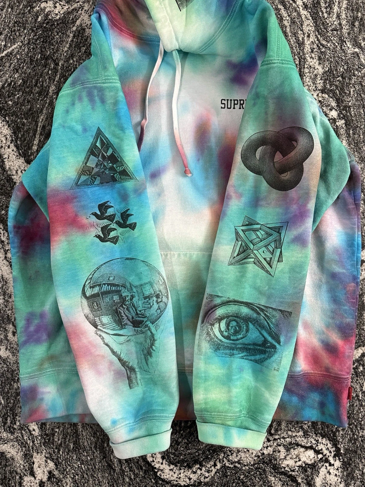 Supreme x M.C. nuovo Escher Felpa con Cappuccio Bianca Taglia Media GRANDE Personalizzata Tie Dye Mcm