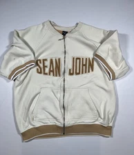 Sean John Sweatshirt Mens 3XL Cream Tan Full Zip Short Sleeve Big Logo Jacket