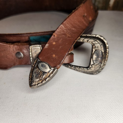 Cintura vintage western in pelle lavorata marrone turchese floreale 40 fibbia tono argento - Foto 4 di 8