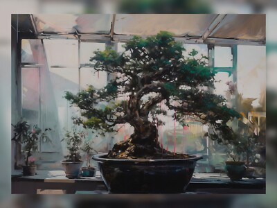 Zeitlose Gelassenheit - Exquisiter Bonsai Garten Ölgemälde Druck 5'' x 7''