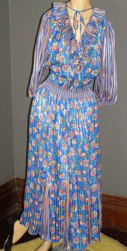 Vintage 70's blue & colorful floral maxi dress RUFFLE v-neck SATIN M L boho