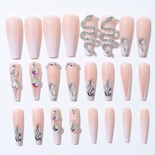Pre made extra long flase nails insta baddie diamante Silver Snake with  Rhinest