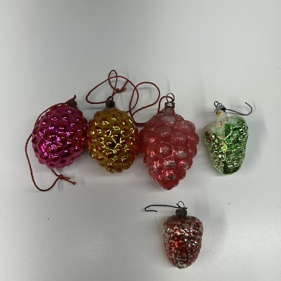 Vintage Glass Pine Cone Bumpy Multi Color Size  Christmas Ornaments Lot Of 5