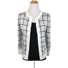 NWT Halogen Women's White/Black Check-Print Cardigan Size Petite Medium