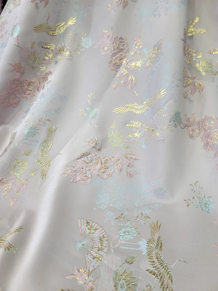 Aqua Blue Floral Gold Metallic Brocade Pink Fabric By The Yard For Dress Upholst - Image 4 of 4
