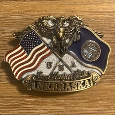 Vintage Nebraska Belt Buckle Cornhusker State USA Flag Eagle 1988 Great American