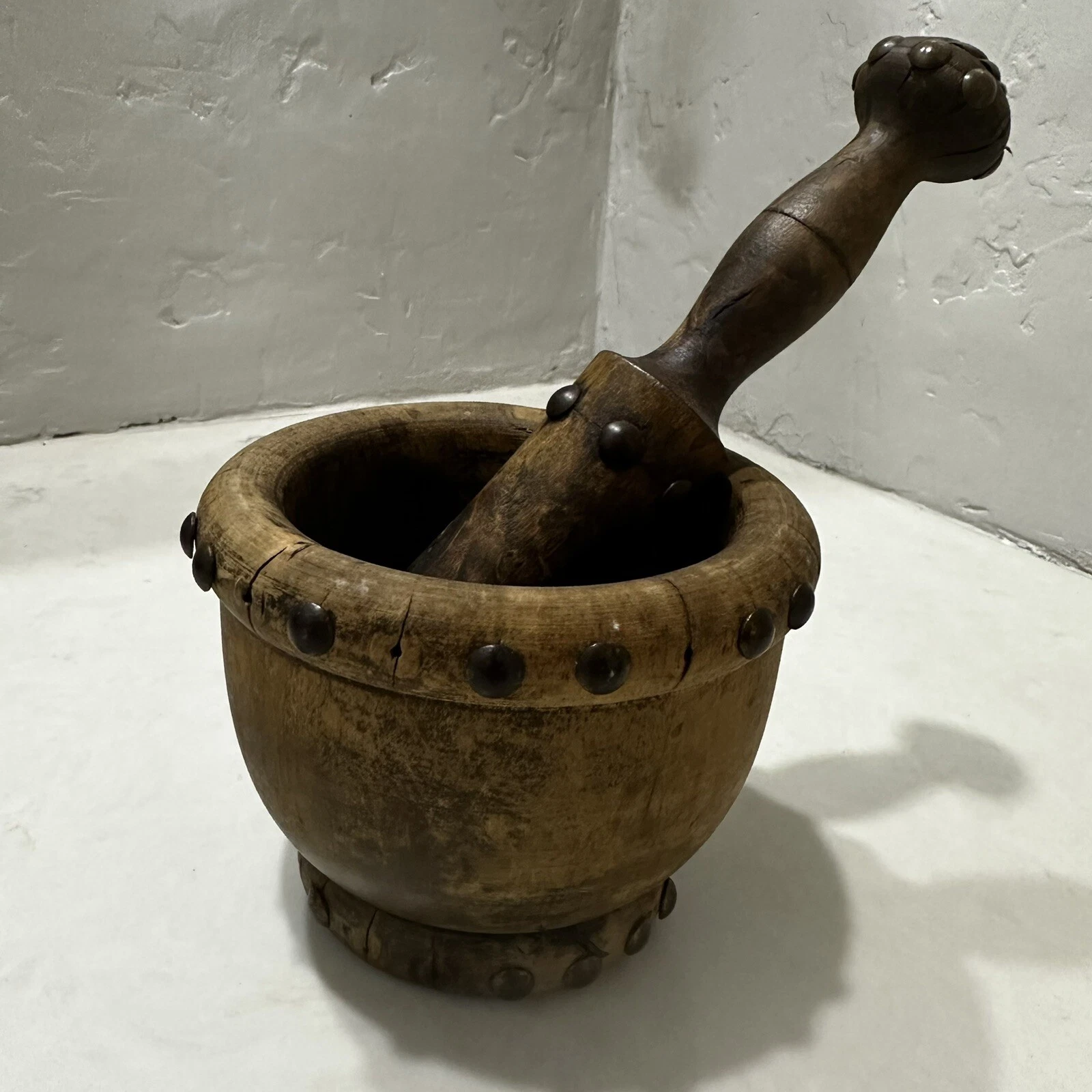 Vintage 60’s Spanish Medieval Style Wooden Metal Mortar And Pestle Set