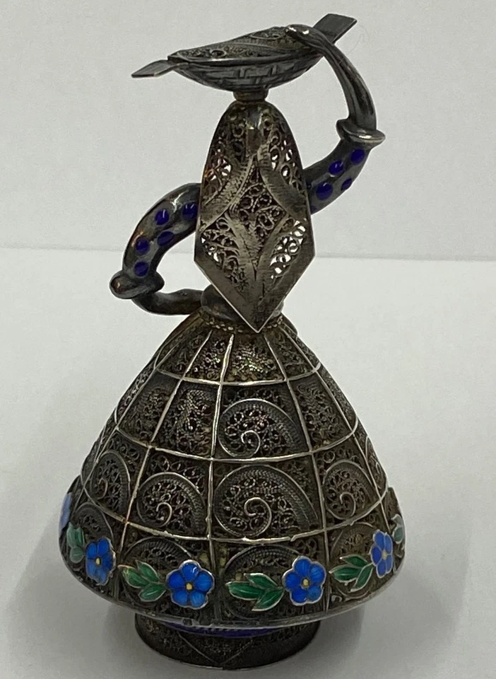 Старинный португальский серебряный филигранный и эмали леди фигурка 19-го века 6,8 см - Изображение 3 из 4