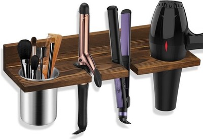 Hair Tool Organizer Wall Mounted, Sturdy Pine Wood Construction, Removable Stain