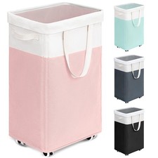 75L Pink White Rolling Laundry Hamper With Wheels Removable Wash Bag