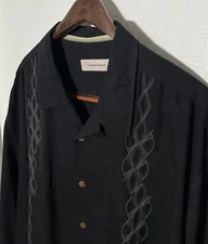 Tommy Bahama 100% Silk Embroidered Black S/S Camp Hawaiian Shirt Big Tall 2XLT