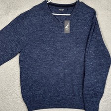 NEW Nautica Sweater Mens Large Navy Blue Marled V-Neck Pullover Knit Long Sleeve