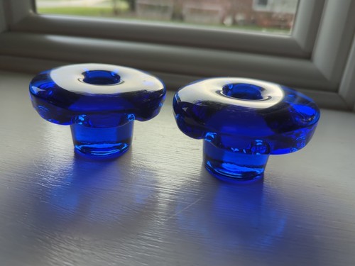 Vintage Cobalt Blue Glass Candle Stick Holders Round Hand Blown 2pc Rare Sweden? - Picture 4 of 22
