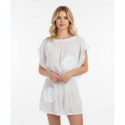 Bindu White Embellished Short Sleeve Floral Print Mini Dress L