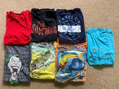LOT OF 7 MENS SIZE LARGE GRAPHIC TEES/SHIRTS-CABELAS, FISH, JOKER, SOPRANOS