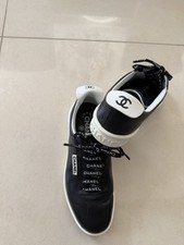 Chanel Black Leather Logo Lace-Up CC-Heel Flap Sneaker sz 35.5