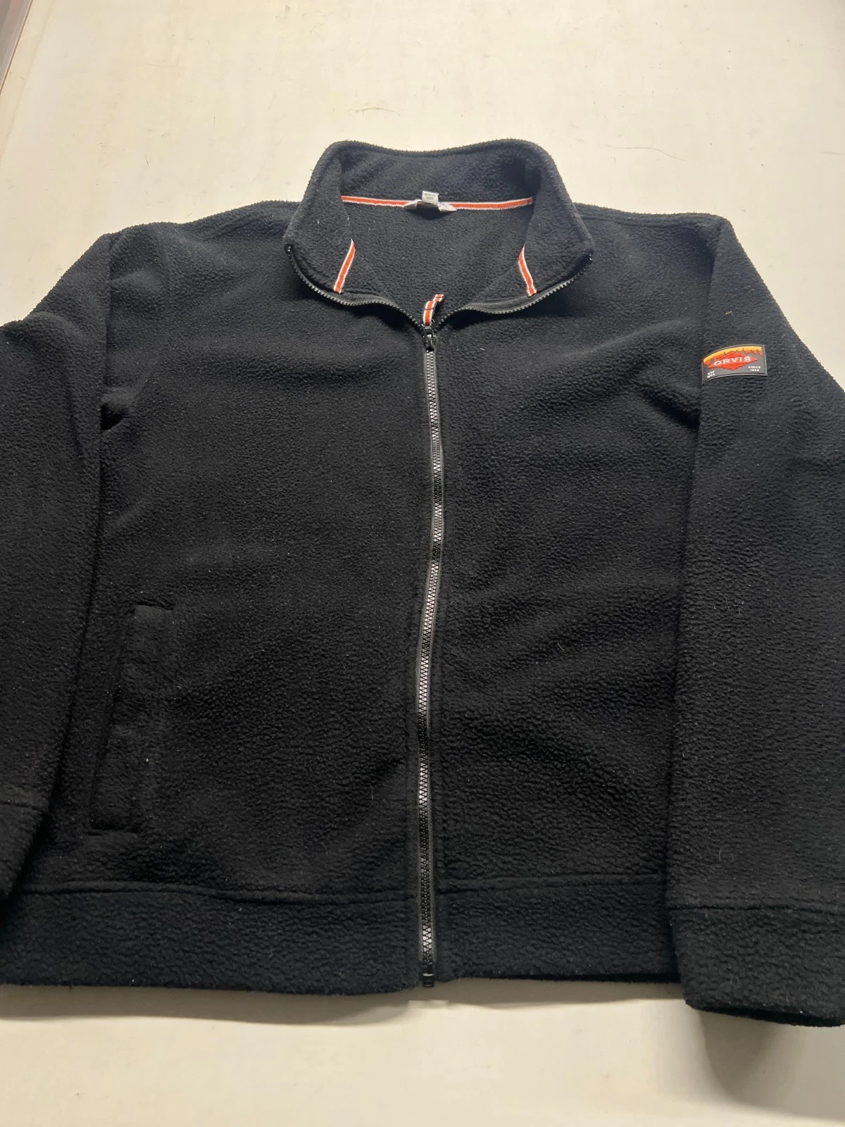 Orvis Fleece Jacket Black Full Zip Logo Patch Mockneck Outdoor Mens Sz Large