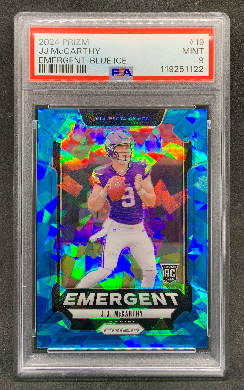 2024 Prizm J.J. JJ MCCARTHY Emergent Blue Cracked Ice Rookie RC SP 99 Mint PSA 9