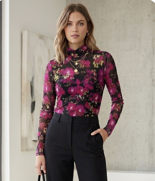 Nine West Floral Mesh Turtleneck Top Women’s M Sheer Lined Long Sleeve NWT