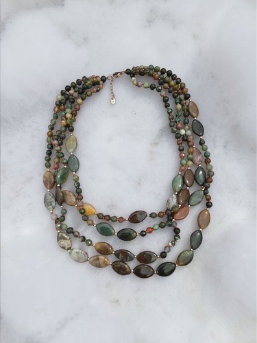 UNOde50 Multi Strand Agate Necklace Designer Spain 925 Silver Clasp Green Brown 