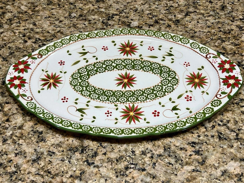 Рождественское блюдо Temptations Old World 18,5 дюйма овальная красно-зеленая праздничная посуда  - Изображение 3 из 4