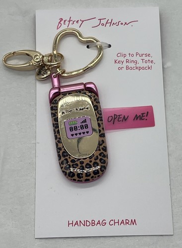 Betsey Johnson Gold Retro Handy Klapphandy Tiermotiv Schlüsselanhänger Taschenanhänger Neu mit Etikett - Bild 1 von 5