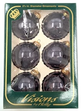 NOS! Box of 6 Blue Translucent Glass Ornaments 2-5/8” dia. Visions by Holly, USA