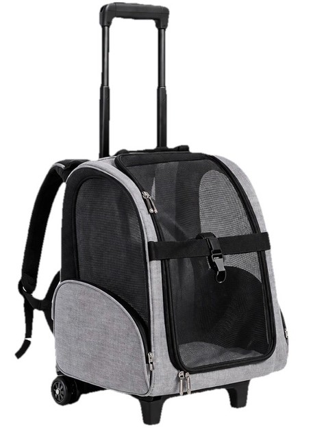 Deluxe Pet Carrier Backpack Rolling Wheels Telescoping Handle Gray