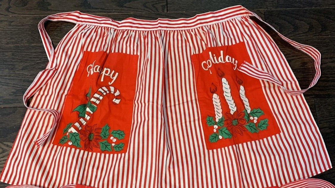 2 Vintage Christmas Half Apron Mid Century Modern MCM Red White Stripes