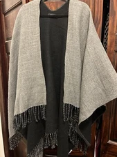 Akira Poncho Womens OS Brown Cape Shawl Fringe Boho Open Front Grey And Black
