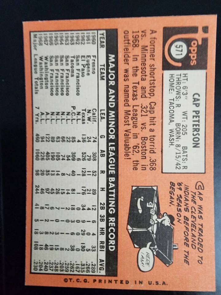 CAP PETERSON 1969 TOPPS #571 CLEVELAND INDIANS VINTAGE BASEBAL HIGH# NEARMINT - Image 2 of 2